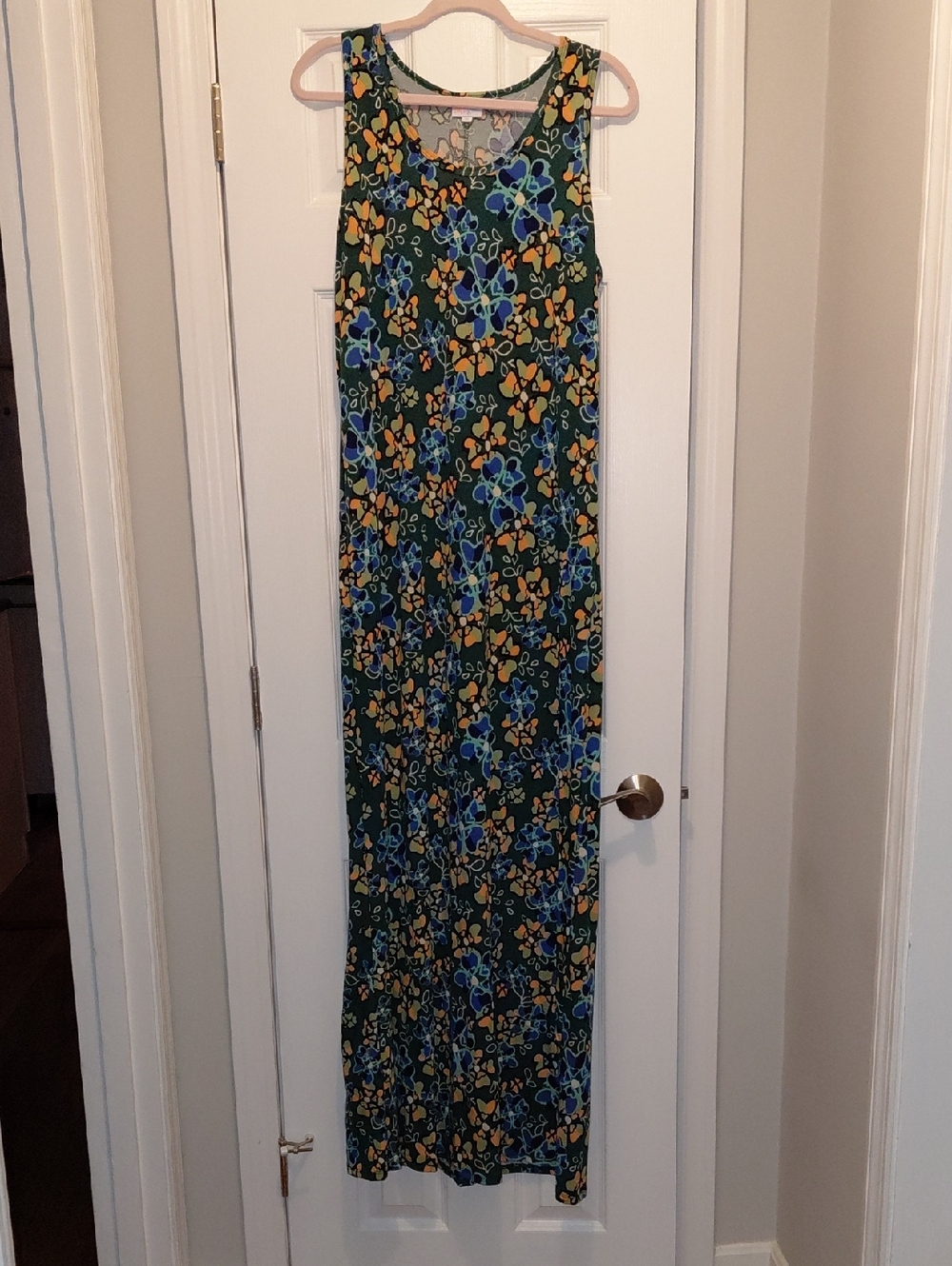 LuLaRoe Green Maxi Dress with Blue and Yellow Floral Print